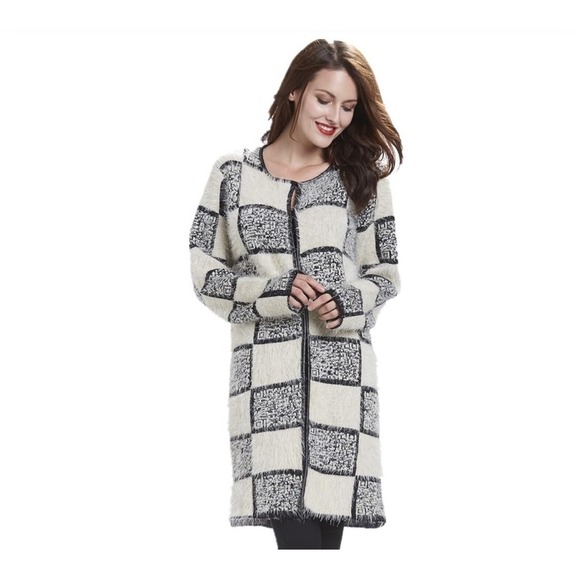 SIMPLY‎ COUTURE Checkerboard Pattern Longline Sweater Cardigan Coat, 3XL - Picture 1 of 10